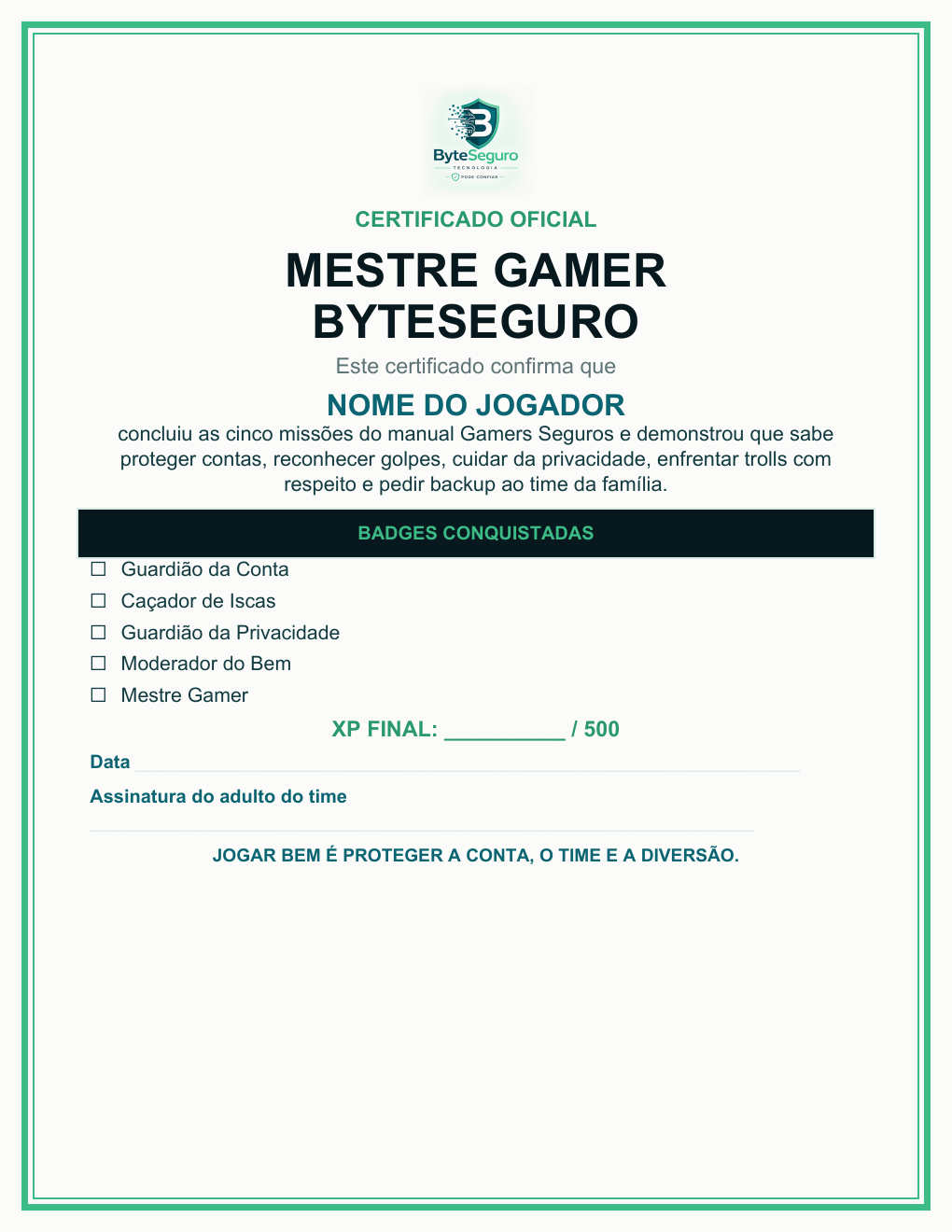 Certificado Oficial de Mestre Gamer ByteSeguro